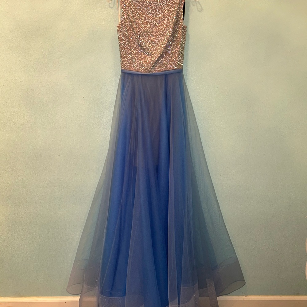 Terani Couture Pink Sequin Bodice Blue Tulle Skirt Wedding Gown